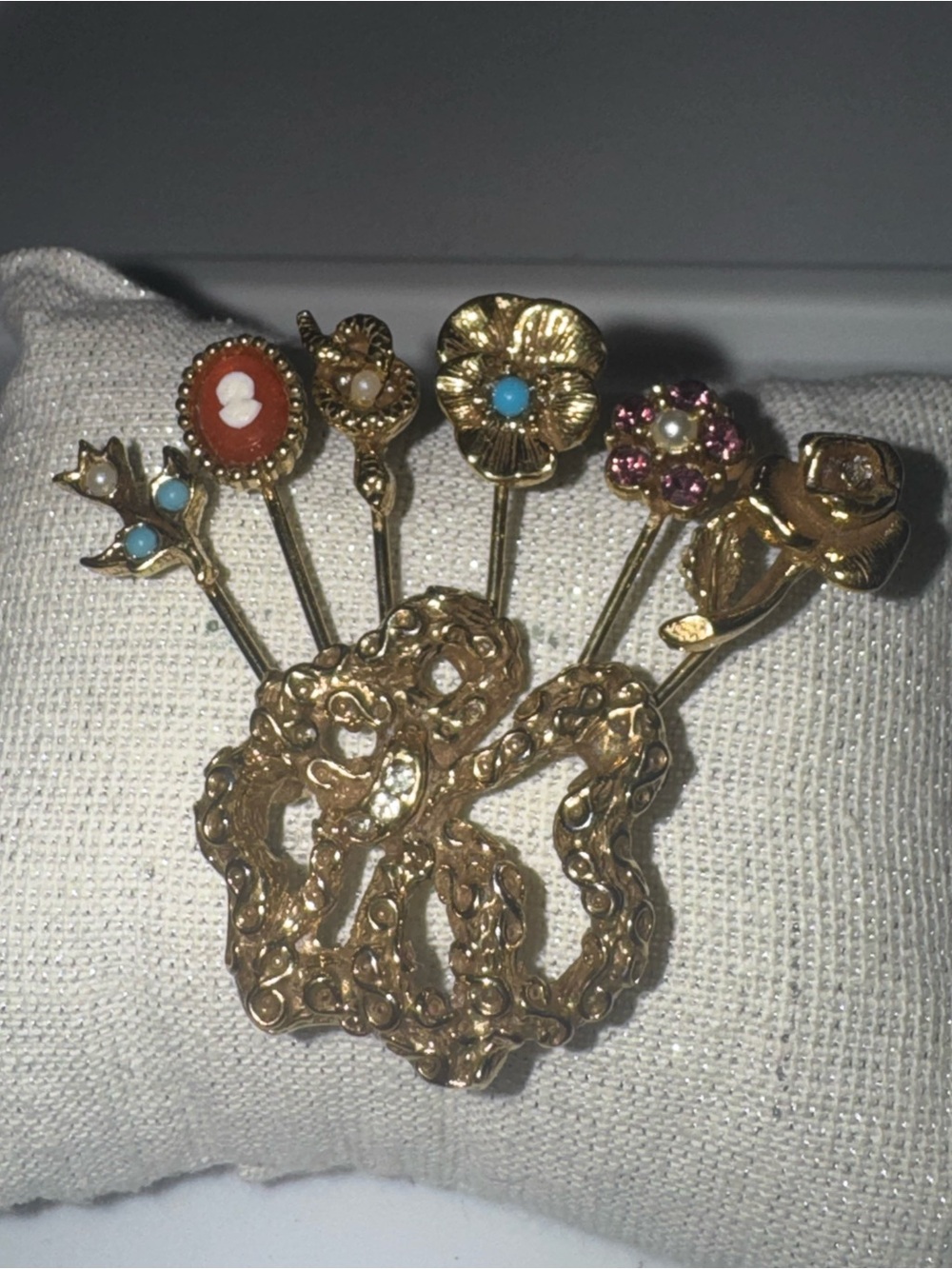 Vintage Gold Floral Stick Pin Set w/ Turquoise and Pink Accents - Women Jewelry